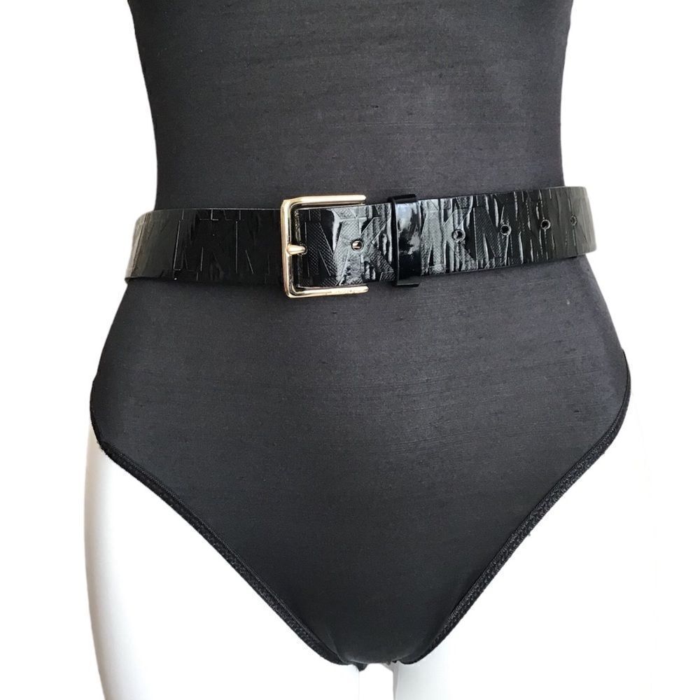 MICHAEL Michael Kors Black Synthetic Patent Leather Logo MK Belt Size Medium